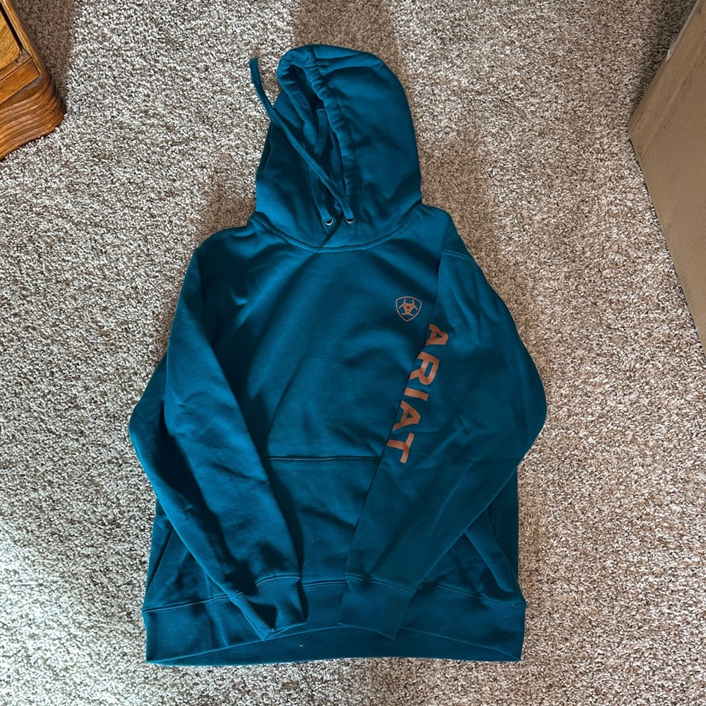 Ariat Teal Pullover Hoodie with Orange Sleeve Script